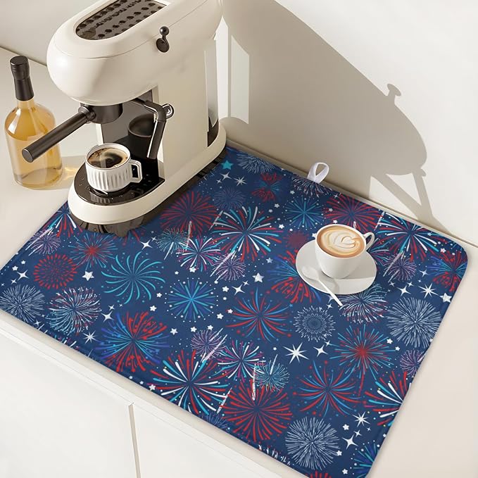 4th of July Patriotic Dish Drying Mat for Kitchen Counter 18 x 24 Inch Independence Day Dish Drainer Mat Absorbent Microfiber Firework Dish Rack Pad for Coffee Dining Bar Decor