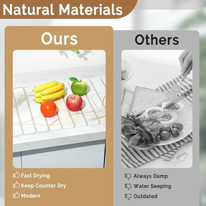 Large Stone Drying Mat for Kitchen Counter&Bathroom, Quick Dry Stone Dishes/Bathroom Mat, Foldable Drying Organizer Pad Suitable for Plate Rack Utensils, Apartment Essentials Decor(White Gold 24"×16")