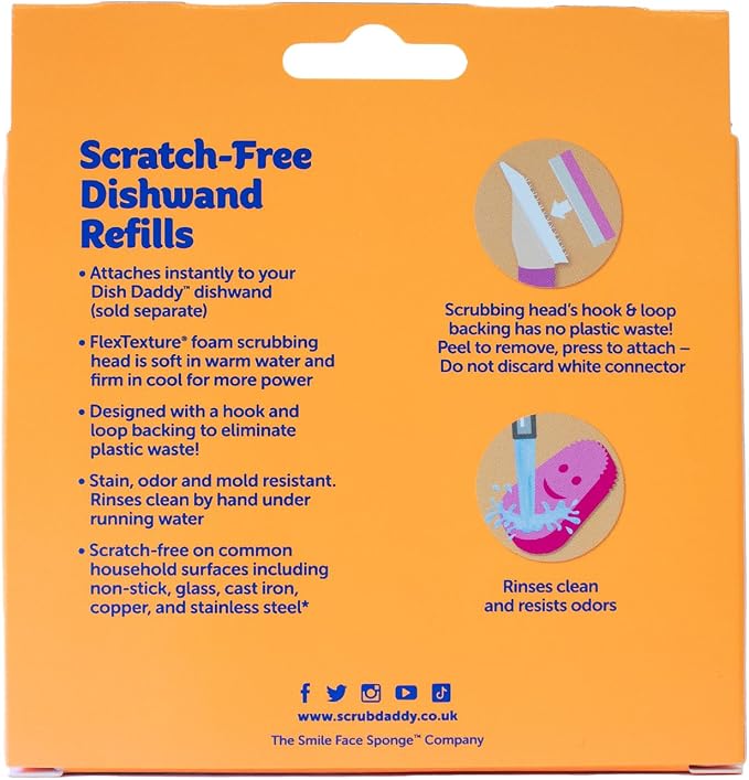 Scrub Daddy Dish Wand Scrubbing Brush Replacement Heads, Soap Dispensing Brushes, Texture Changing Washing Up Sponges, Detachable Dish Daddy Head Sponge Refills, Pink 2 Pack