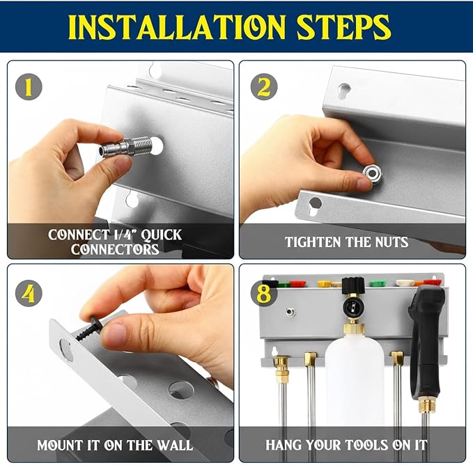 DoubleFill Pressure Washer Gun Holder, Wall Mount Foam Cannon Holder, Car Wash Accessories Organizer for Wand/Nozzle Tips, 1/4'' Pressure Washer Accessories Storage Rack (Silver)
