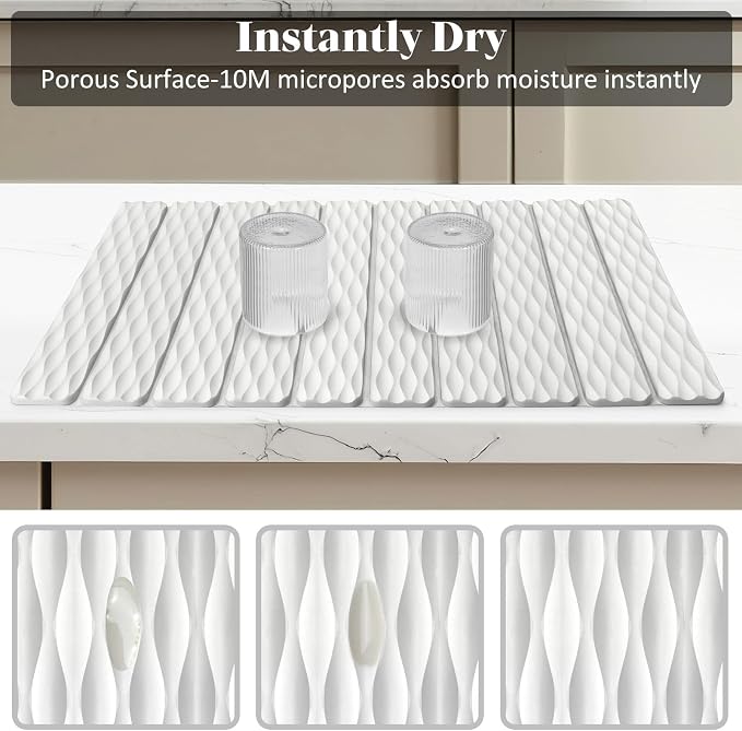 Stone Dish Drying Mats for Kitchen Counter, 24"(L)×16"(W) Wave - Pattern, Fast Drying Collapsible Dish Drying Mat, Eco-Friendly Absorbent Diatomaceous Earth Mats for Match Any Countertop