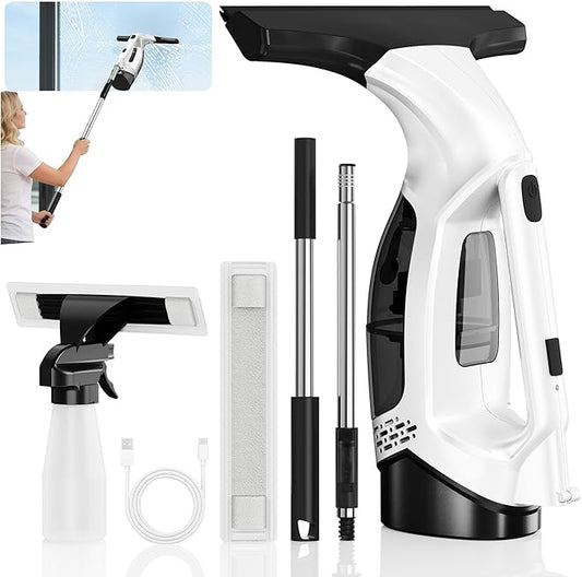 Window Vacuum Squeegee with Extendable Pole 31-40", 2000Pa Electric Window Cleaning Tool with 2200mAh and 150ml Dirty Water Tank, Long Handle Squeegee for Shower Glass, Window Cleaning