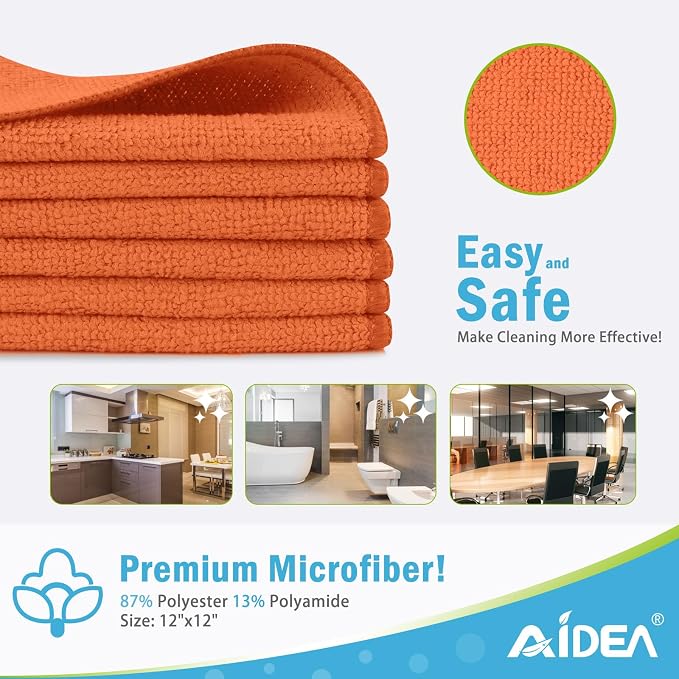 AIDEA Orange Microfiber Cleaning Cloth-12PK, Cleaning Rags 12"x12" Reusable | Microfiber Towel for Cars Lint Free, Absorbent Microfiber Rags, Reusable Shop Towels Dish Rags for Kitchen, Cleaning Supplies