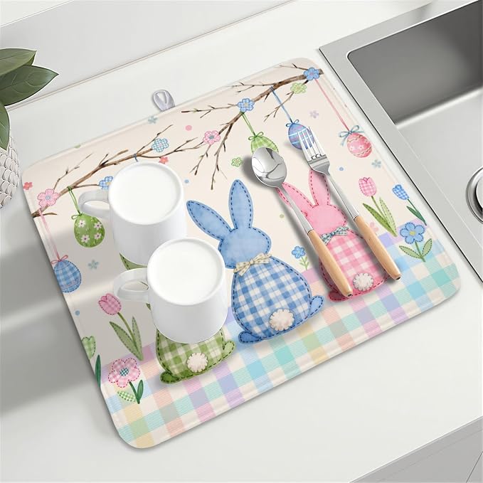 Easter Bunny Dish Drying Mat for Kitchen Counter 16 x 18 Inch Rabbit Eggs Dish Drainer Mat Absorbent Microfiber Dish Rack Pad for Spring Holiday Coffee Dining Bar Decor