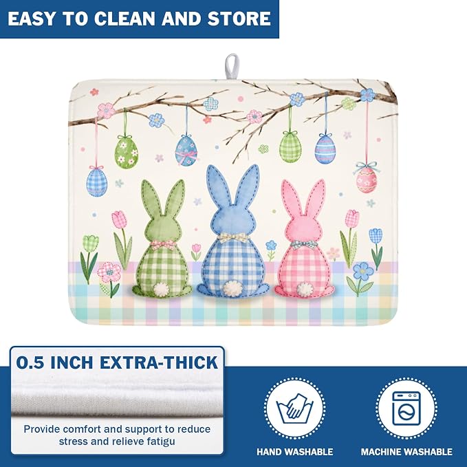 Easter Bunny Dish Drying Mat for Kitchen Counter 18 x 24 Inch Rabbit Eggs Dish Drainer Mat Absorbent Microfiber Dish Rack Pad for Spring Holiday Coffee Dining Bar Decor