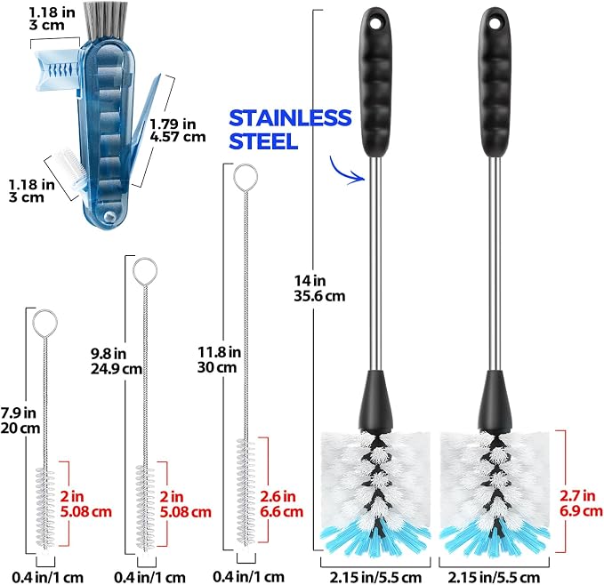 Holikme 6 Pack Bottle Brush Set, 14" Long Handle Stainless Steel Bottle Cleaner Brush, 3 Straw Brushes, 4-in-1 Bottle Cleaning Brush for Water Bottle, Baby Bottle, Blue&White