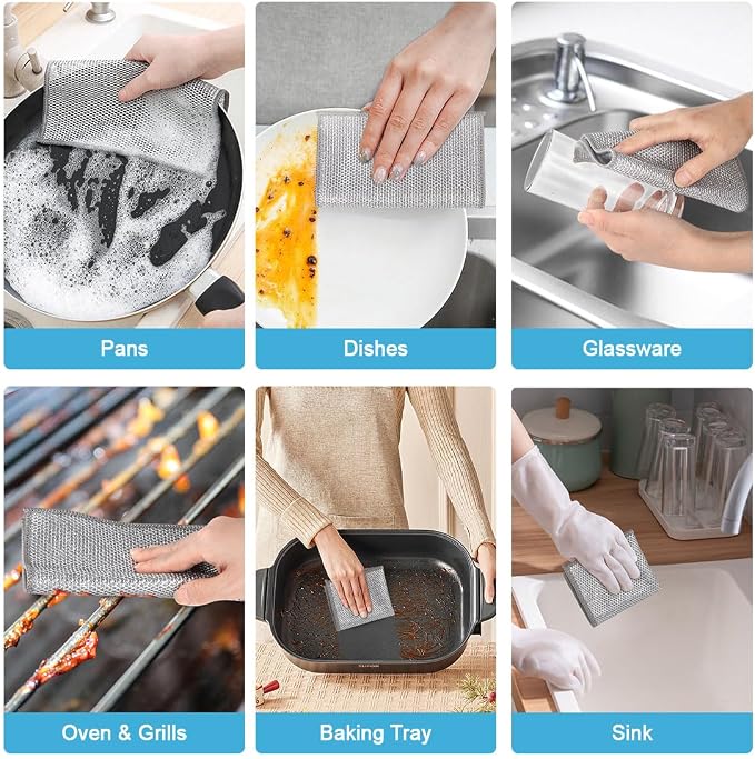 AIDEA Non Scratch Wire Dishcloth 12PK, Wire Dishwashing Rag for Wet and Dry, Washable Dish Rags No Odor, Cleaning Pads Steel Scrubber for Cookware, Sinks, Dishes, Stove Tops, 7"×8"