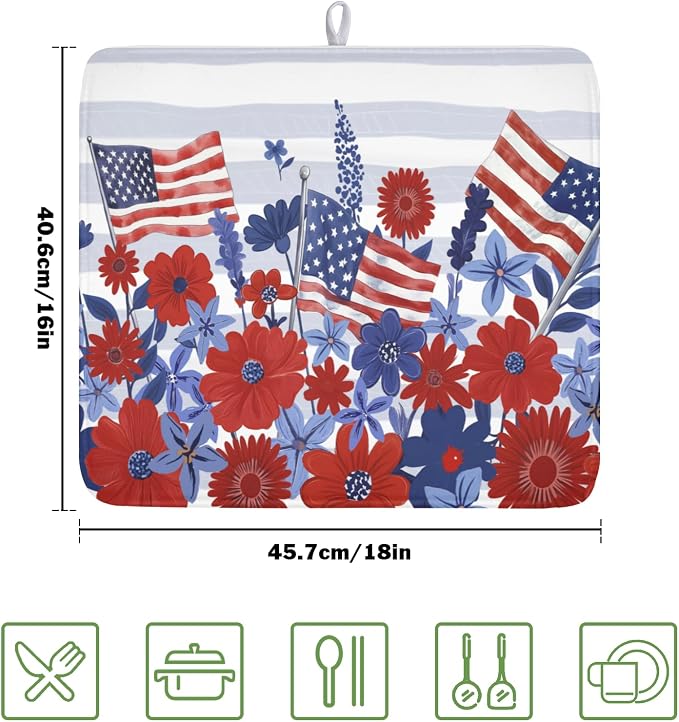 Patriotic Floral Dish Drying Mat for Kitchen Counter 4th of July American Flag Microfiber Dish Drainer Mat Red and Blue Flower Absorbent Washable Drying Pad 16"x18"