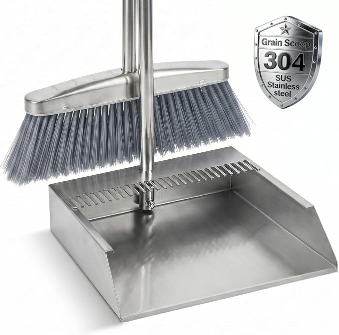 Heavy Duty 304 Stainless Steel Dustpan and Broom Set, Long Handle Self Standing Dust Pan with Wide Mouth Pet Hair Comb Teeth, Indoor Outdoor Cleaning Set for Kitchen Garage Office