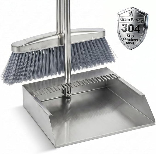 Heavy Duty 304 Stainless Steel Dustpan and Broom Set, Long Handle Self Standing Dust Pan with Wide Mouth Pet Hair Comb Teeth, Indoor Outdoor Cleaning Set for Kitchen Garage Office