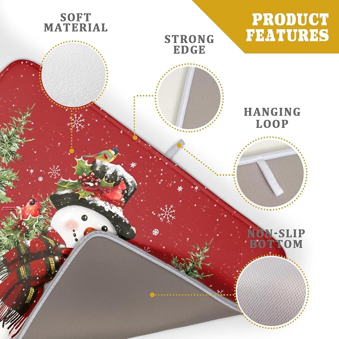 Christmas Dish Drying Mat for Kitchen Counter Snowman Green Christmas Tree Microfiber Absorbent Dish Draining Reusable Washable Foldable Extra Large 18"x24"