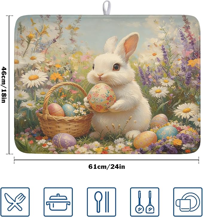 Easter Bunny Eggs Dish Drying Mat for Kitchen Counter 18 x 24 Inch Rabbit Floral Dish Drainer Mat Absorbent Microfiber Dish Rack Pad for Spring Holiday Coffee Dining Bar Decor