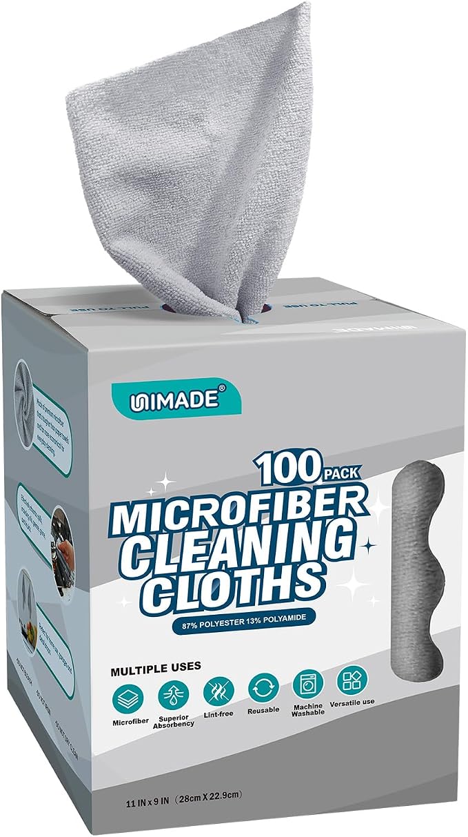 UNIMADE Microfiber Cleaning Cloth, 100 Sheets Microfiber Towels for Cars | Commercial Grade Washcloths Lint-Free Bulk Shop Towel Cleaning Rags for Household Restaurant Garage, 11"x 9", Grey
