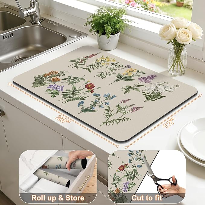 LOKHOM Dish Drying Mat for Kitchen Counter, 12"x20" Absorbent Coffee Bar Mat with Vintage Sage Flower Herbs, Dish Drainer Rack Mat for Kitchen Counter