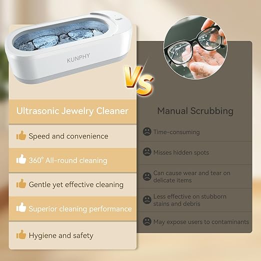 KUNPHY Jewelry Cleaner, 46kHz Ultrasonic Cleaner, White | One-Touch Control,12 OZ Tank, Fits Rings, Glasses, Jewelry, Dentures, Ideal Gift for Women Mom Wife Daughter