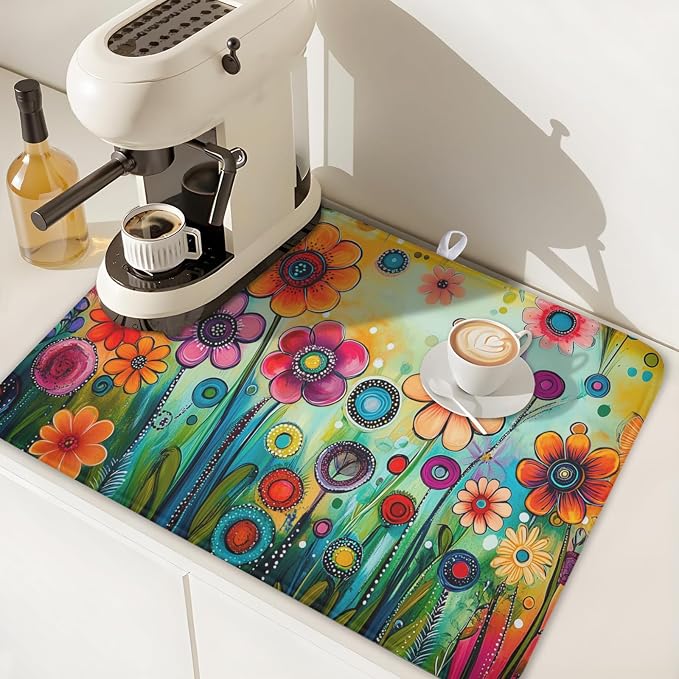Abstract Colorful Floral Dish Drying Mat for Kitchen Counter Spring Summer Flower Microfiber Dish Drainer Mat Rustic Absorbent Washable Drying Pad Extra Large 18"x24"