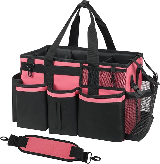 SCAVATA Wearable Cleaning Caddy, Cleaning Caddy Supplies Organizer with Handle & Shoulder Straps for Housekeepers, Under Sink & Car Cleaning Tool Organizers Bag with 4 Foldable Divider (OleanderRed)