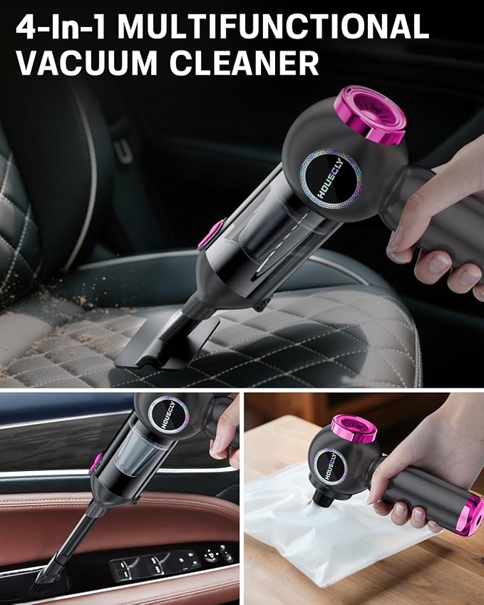 houscly Car Vacuum Cordless Mini Handhled 4-in-1 High Power Cleaner 25000Pa | Brushless motor-8000mAh-Rechargeable-Duster blower-Pet hair crumb cleaning for car sofa office desk- Ideal gifts for men