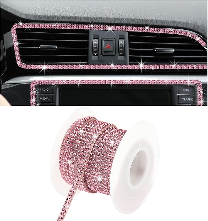 Bling Car Trim Self Adhesive, 16.4 Ft Rhinestone Auto Dashboard Line Molding Sticker Strips, DIY Bling Car Interior Decor Sticker for Women Girls, Vehicle Exterior Accessoreis (Pink)