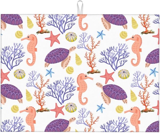 Purple Beach Sea Turtle Dish Drying Mat For Kitchen Counter, Super Absorbent Microfiber Dish Drying Pad, Kitchen Gadgets For Easy Clean Multi-Use Large 18"x24"