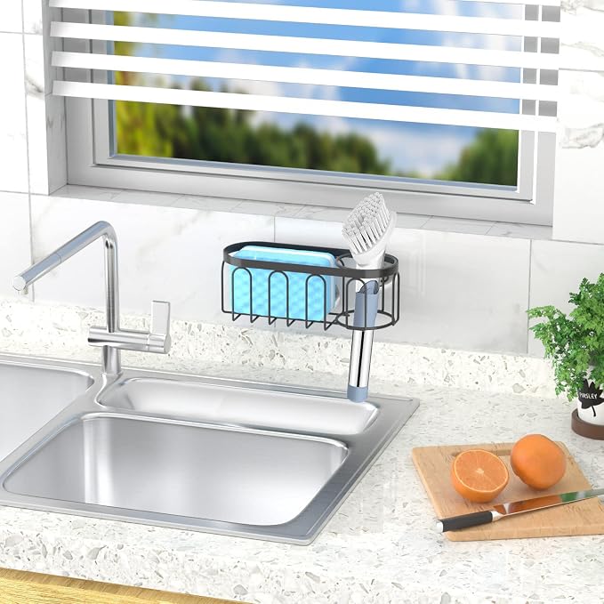2-in-1 Sponge Holder for Kitchen Sink, Sink Caddy Kitchen Sink Organizer with 3 Suction Cups, No Drill Rustproof Sink Sponge Holder for Dish Brush, Soap & Sponge (Black)