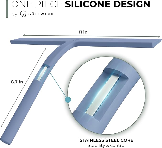 GÜTEWERK Silicone Shower Squeegee for Glass Doors & Mirrors with Stainless Steel Core, Streak-Free & No-Squeak Window Cleaning, 3-in-1 No-Drill Mount (Hook/Suction/Adhesive),Blue, 11 Inches