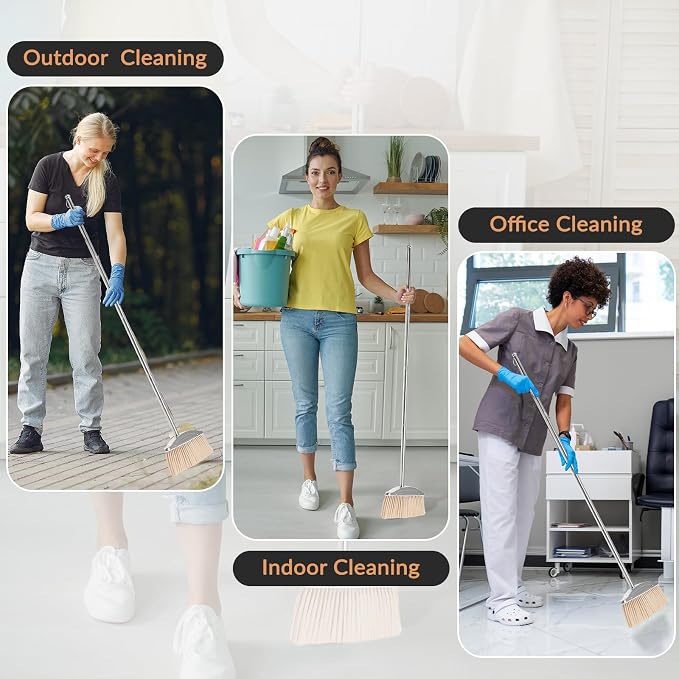 VOOWO Broom with Dustpan Combo Set, 46" Stainless Steel Broom and Dustpan Set for Home, Heavy Duty Dust Pan with Long Handle, Broom for Sweeping Indoor and Outdoor, Kitchen Broom and Dust Pan (Khaki)