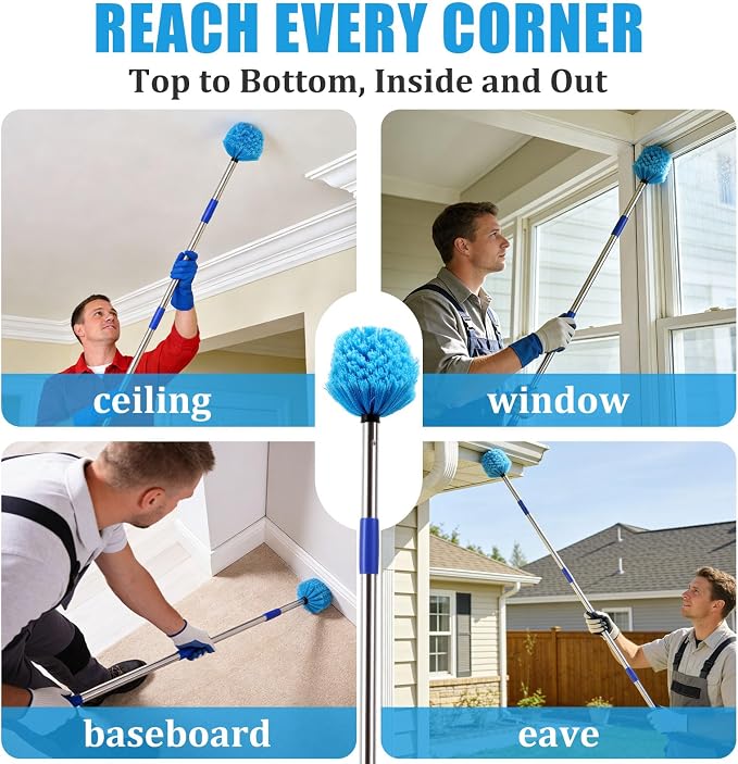 Cobweb Duster with Extension Pole - 10 FT Lightweight Stainless Steel Extendable Duster Ceiling Fan Duster for High Ceilings, Medium Stiff PET Bristle Spider Web Brush for Indoor/Outdoor Cleaning