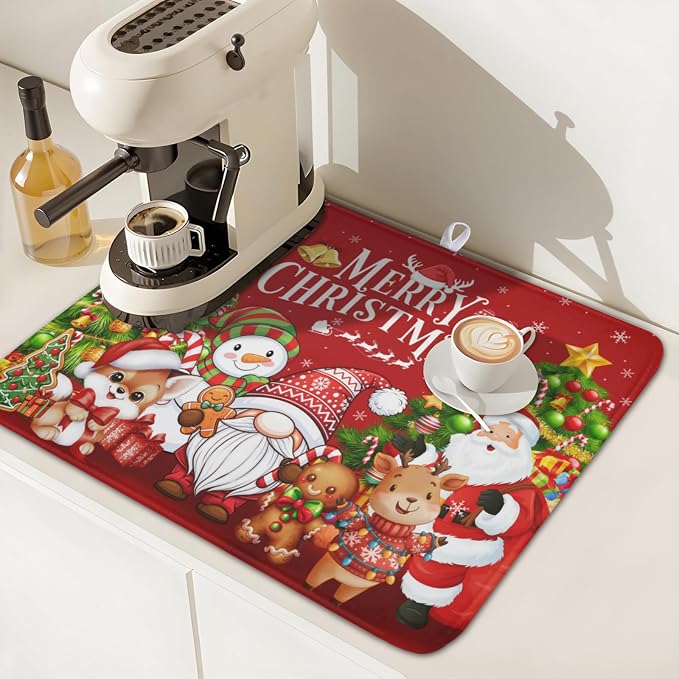 Merry Christmas Dish Drying Mat for Kitchen Counter 16x18 Inch | Xmas Theme Snowman Santa Claus Trees Pattern Dish Drainer Mat Rustic Holiday Absorbent Washable Drying Pad