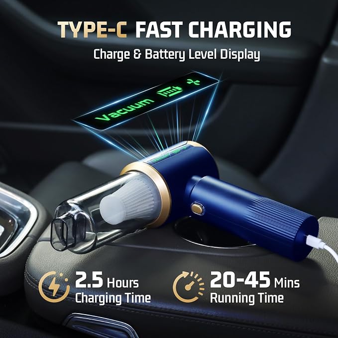 Cordless Car Vacuum Cleaner: 7-in-1 & 16000Pa Suction - Navy Blue | Handheld Vacuum Cleaner with Brushless Motor - LED Battery Display & Type-C Charging - For Car, Home, Pet Hair