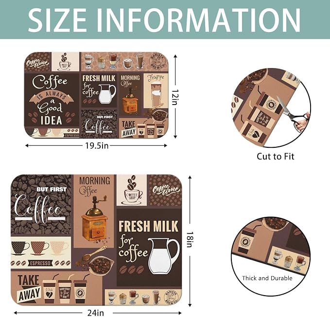 Dish Drying Mat 2-Pack in Coffee Bar for Kitchen Counter Dishes Mat | Diatom Mud Mats (18x24, 19.5x12"). Non-slip rubber back for kitchen counter, coffee bar & sink scenes