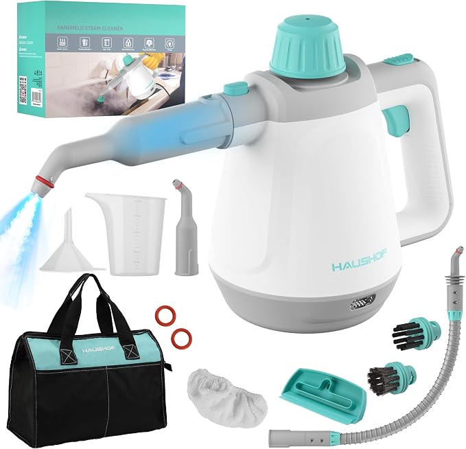 HAUSHOF Handheld Steam Cleaner, 11 pcs Accessories | Tool Bag, Safety Lock, for Home, Cleaning Floor, Car, Upholstery, Grout and Grease