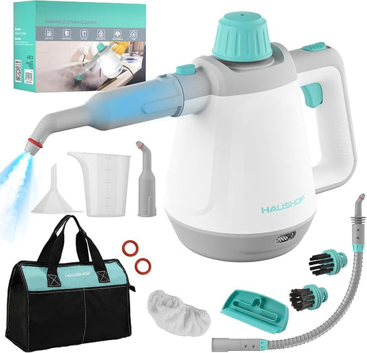HAUSHOF Handheld Steam Cleaner, 11 pcs Accessories | Tool Bag, Safety Lock, for Home, Cleaning Floor, Car, Upholstery, Grout and Grease