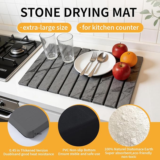 Stone Dish Drying Mat for Kitchen Counter, 24"×16" Quick Dry Stone Dishes Mat, Foldable Water Absorbing Diatomaceous Earth Drying Mats with Non-Slip Heat-Resistant Base for Dishes Utensils(Dark Gray)