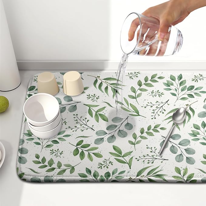 Kawani Sage Green Dish Drying Mat 16x18 In Absorbent Reversible Eucalyptus Leaves Plant Drying Mat Green Plant Dish Drying Rack Mat Spring Summer Themed Dish Drainer Mat for Kitchen Counter Coffee Bar