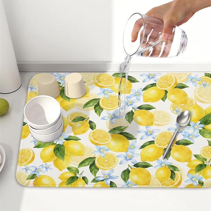 Kawani Lemon Dish Drying Mat 18x24 Inch Absorbent Reversible Summer Drying Mat Floral Lemon Fruits Dish Drying Rack Mat Yellow Summer Themed Dish Drainer Mat for Kitchen Counter Coffee Bar