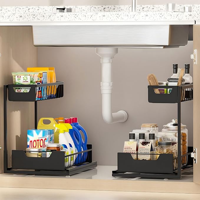 Ceetug Under Kitchen Sink Organizers and Storage, Black, 2 Pack | Slide Out Drawer, L-shape, 2 Tier, Cabinet Organizer for Kitchen Bathroom