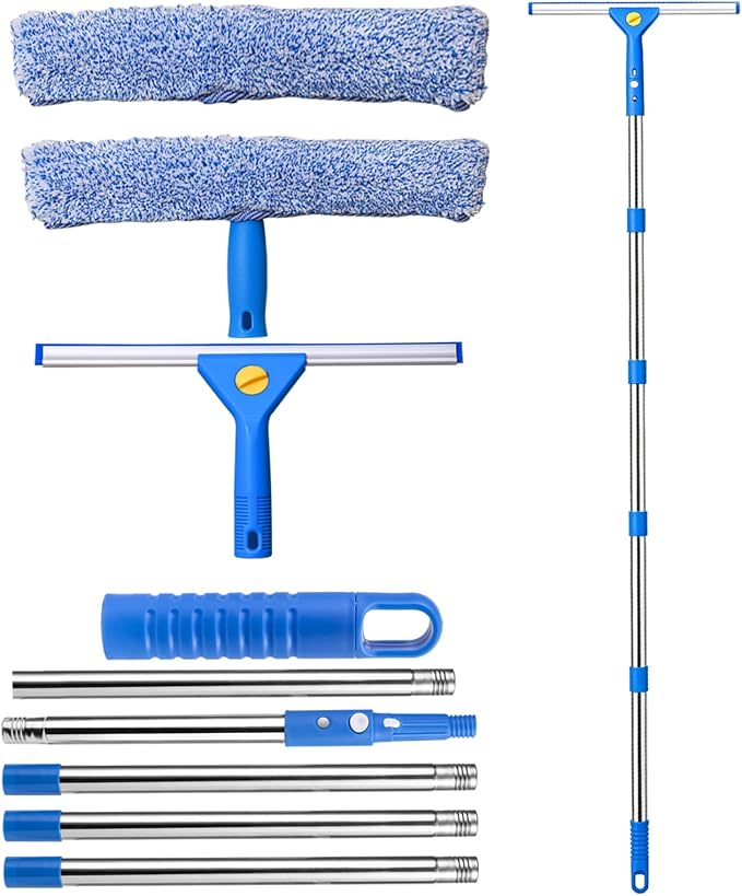 76“Professional Squeegee Window Cleaning Kit with Extension Pole | Streak-Free Silicone Blade,Smooth,Quiet Glide,Telescopic Handle for High & Hard-to-Reach Windows