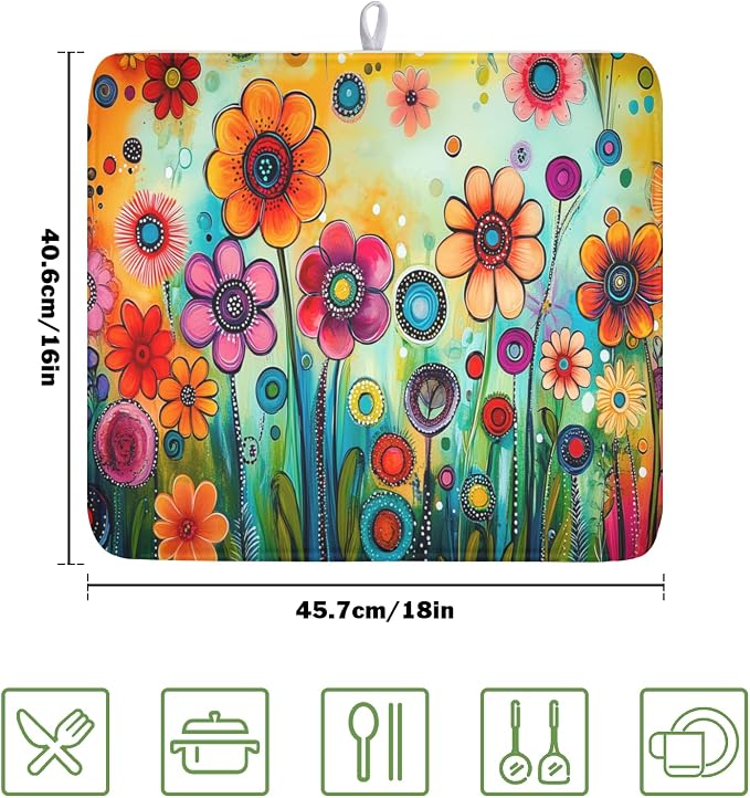 Abstract Colorful Floral Dish Drying Mat for Kitchen Counter Spring Summer Flower Microfiber Dish Drainer Mat Rustic Absorbent Washable Drying Pad 16"x18"