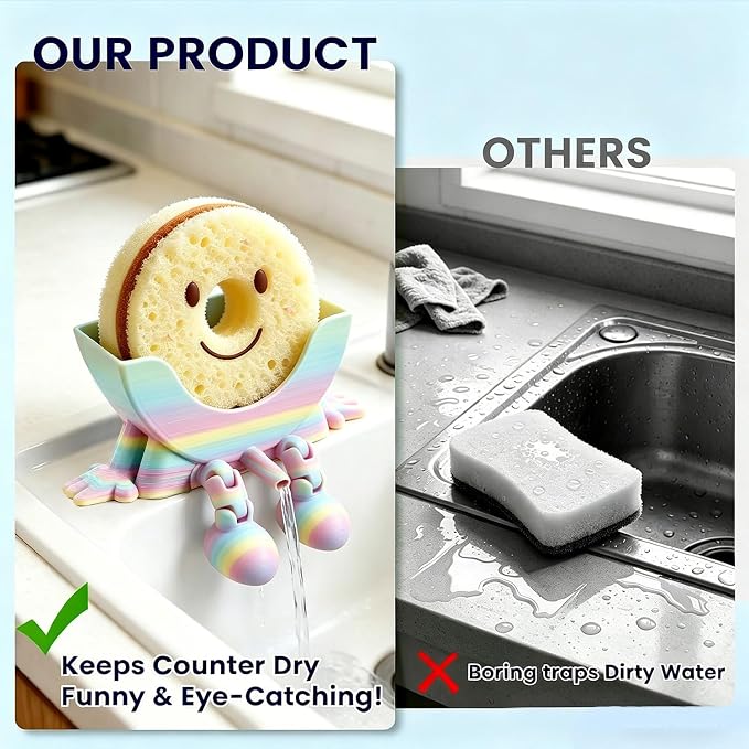 Creative Drainage Sponge Holder: Traceless Glue, 3D Printed Funny Kitchen Sink Holder, Keeps Sponge Dry – for Scrub Daddy (1, Gradient Random)