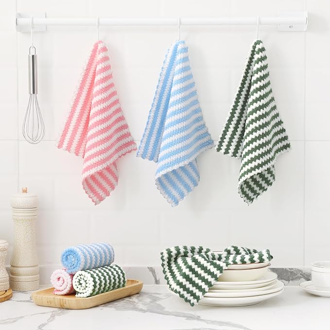 Homaxy 12 Pack Kitchen Dish Cloths, Ultra Soft and Absorbent Dish Towels, Reusable Fast Drying Microfiber Cleaning Cloth, Coral Velvet Wave Design No-lint, 10 x 10 inches, Blue/Pink/Grass Green