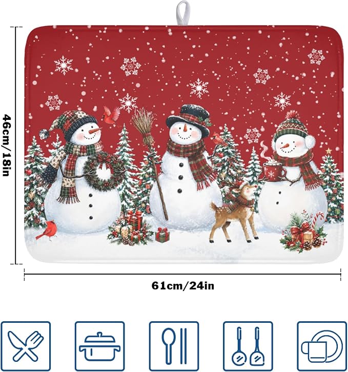 Christmas Snowman Dish Drying Mat for Kitchen Counter 18x24 Inch | Red Xmas Theme Trees Snowflake Pattern Dish Drainer Mat Rustic Winter Holiday Absorbent Washable Drying Pad