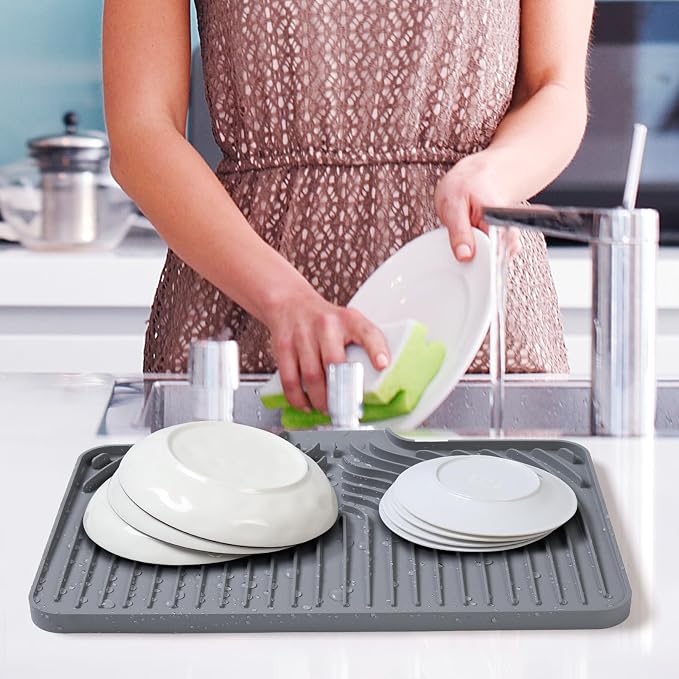 Dish Drying Mat for Kitchen Counter, with Built-in Drain Lip, Food-Grade Silicone, Easy Clean Pad for Countertop Protection, Multi-Functional Use (18 x12 Raised Sink, Grey)