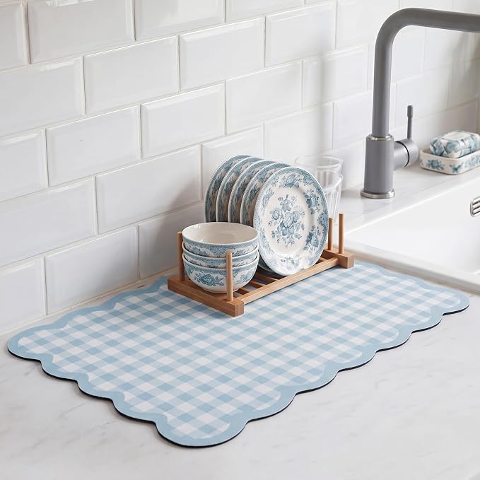 Scalloped Gingham Coffee Mat 12" x 20" Absorbent Coffee Bar Mat Gingham Espresso Matt for Counter(Light Blue)