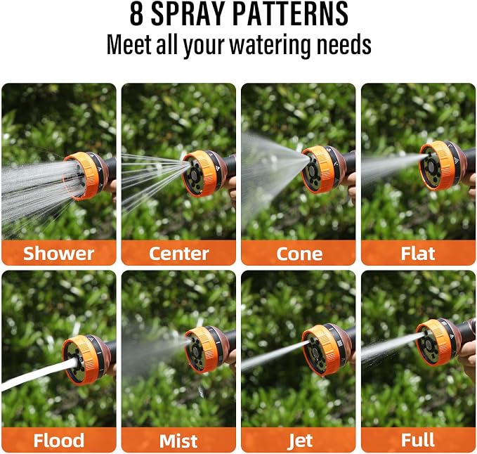 Heavy Duty Metal Hose Sprayer, 8 Patterns & Thumb Control, Orange | Rust-proof metal,8 spray patterns,Thumb-control flow,On-off valveergonomic grip,for Lawns,Plants,Cars,Pets