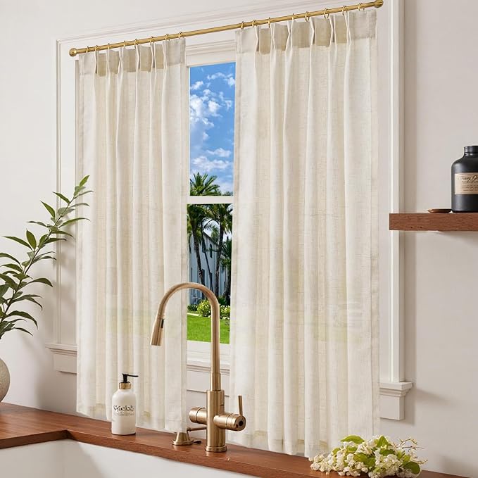 jinchan Linen Pinch Pleated Back Tab Tier Curtains,38x63,2 Panels,Natural | Light filtering,small window treatment,cafe curtains,machine washable,farmhouse,kitchen,bathrooms,laundry