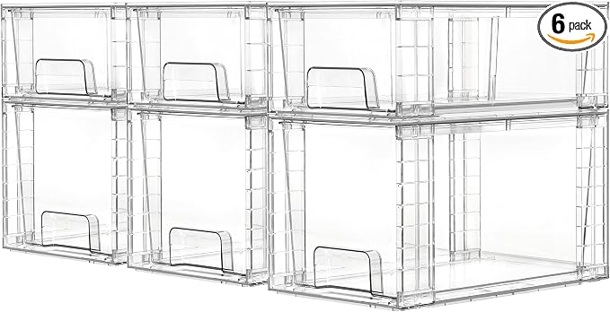 Vtopmart 6 Pack Clear Stackable Storage Drawers,Easy to Assemble Bathroom Organizers and Storage with handles,Plastic Drawers for Kitchen Pantry,Cabinet,Under Sink Organization