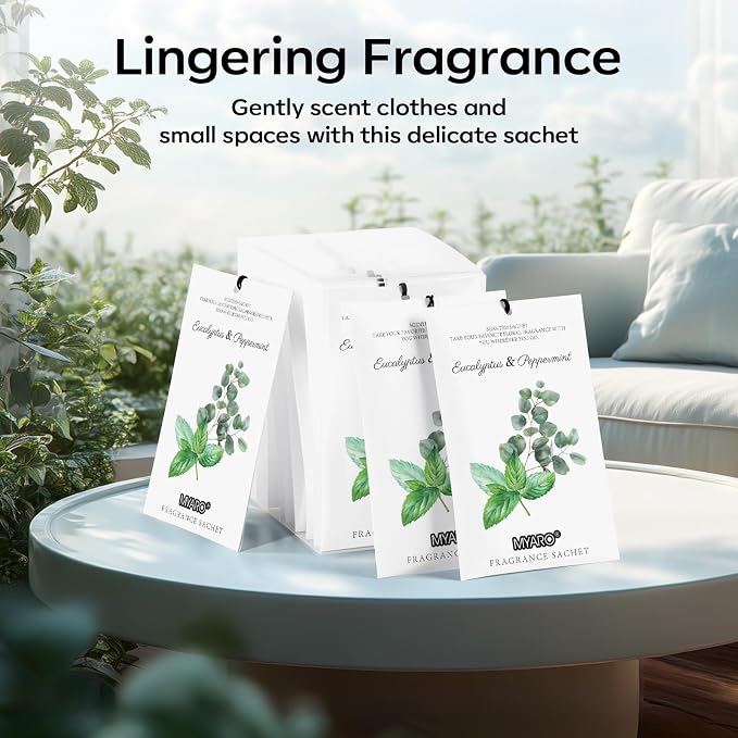 MYARO 12 Packs Eucalyptus Mint Scented Sachets for Drawer and Closet, Long-Lasting Closet Sachet Bags Drawer Deodorizers Fresh Scents, Home Fragrance Air Freshener