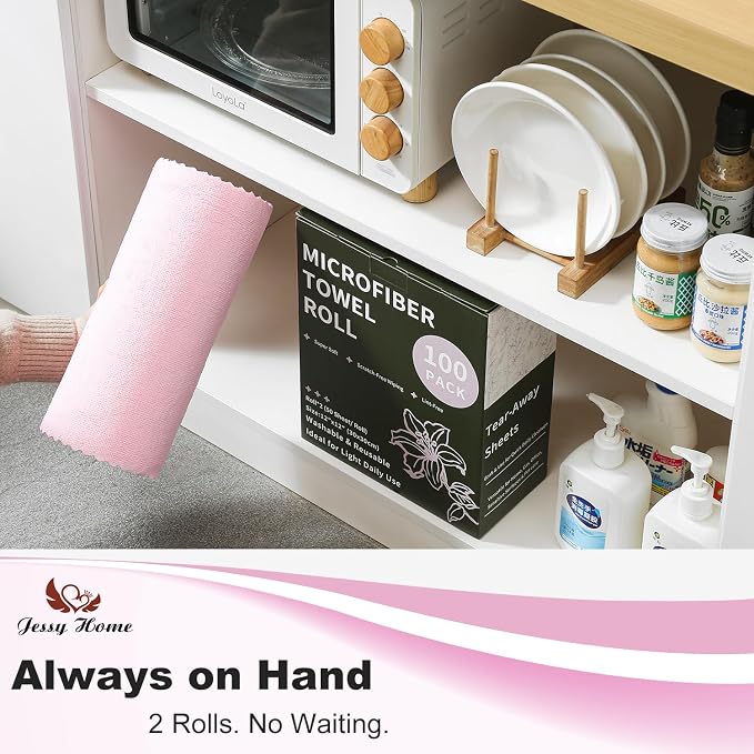 Jessy Home 2 Roll Reusable Paper Towels,100 Sheets Tear Away Microfiber Cleaning Cloth, Lint Free Cleaning Rags for Kitchen, Dishcloth,Household Cleaning Supplies