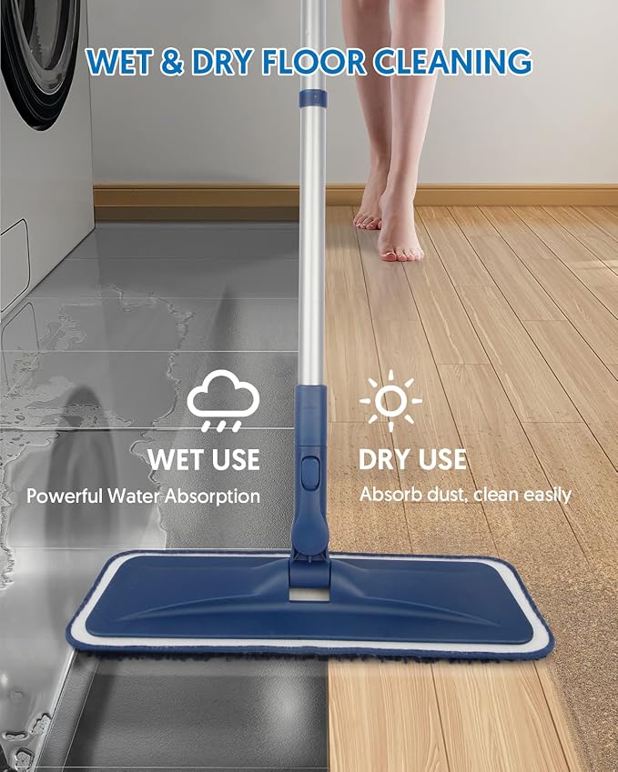 BPAWA Microfiber Mops for Floor Cleaning: Flat Mop for Wood Laminate Tile | 4 Washable Chenille Pads fit for Swiffer PowerMop, 59" Adjustable Handle, Dry Wet Mopping Home Hardwood Vinyl Multi-surfaces